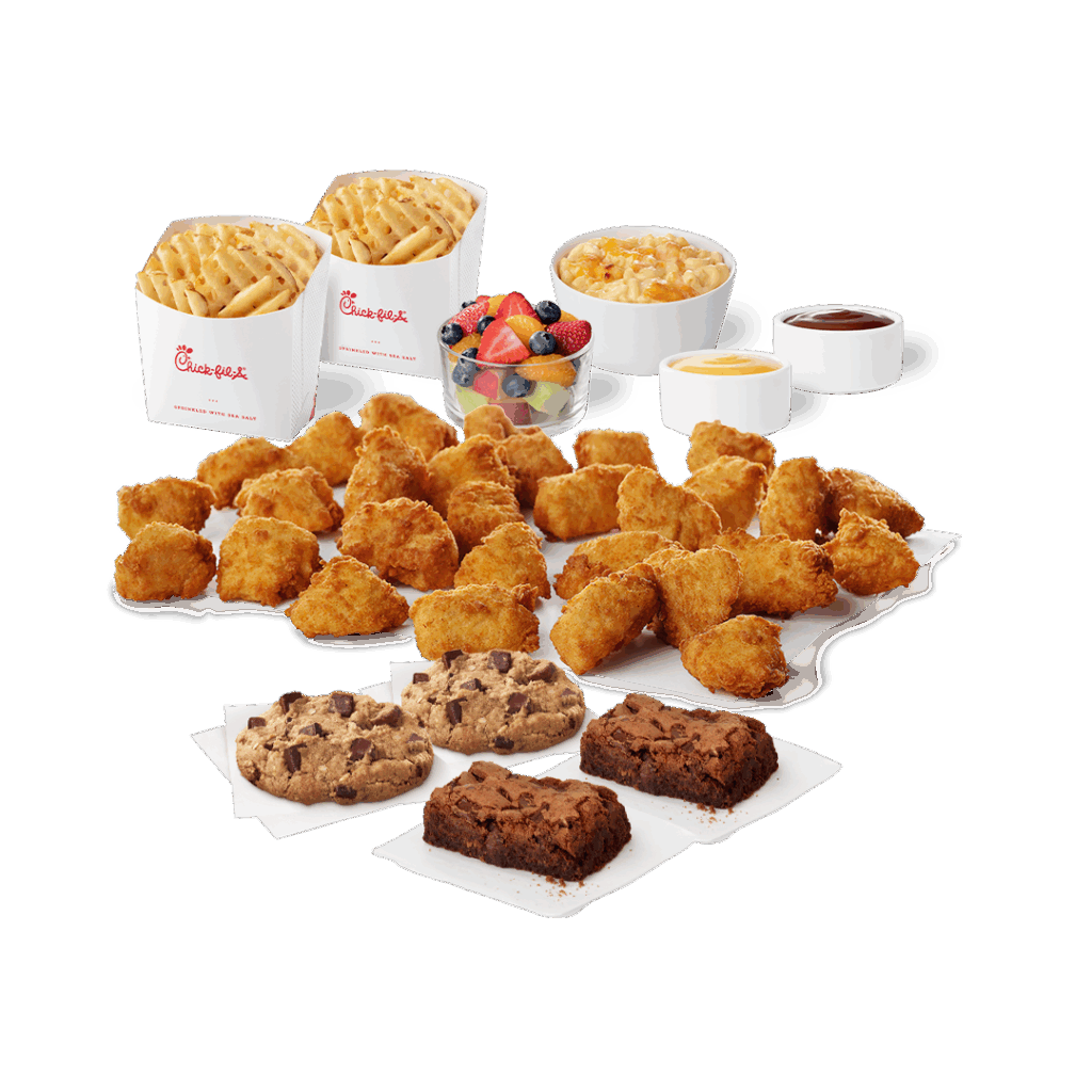 Chick-fil-A Menu with Prices 100 Chick fil A Nuggets Family Style Meal with Waffle Fries Mac Cheese Fruit Cup and Treats